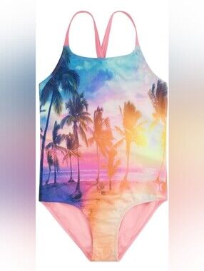 HURLEY Youth Girls 1- Piece Swimsuit, 14/16, Pink/ Beach/ Sunset, NWT